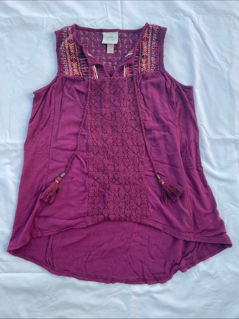 Knox Rose Plum Embroidered Lace-Front Tassel Tank